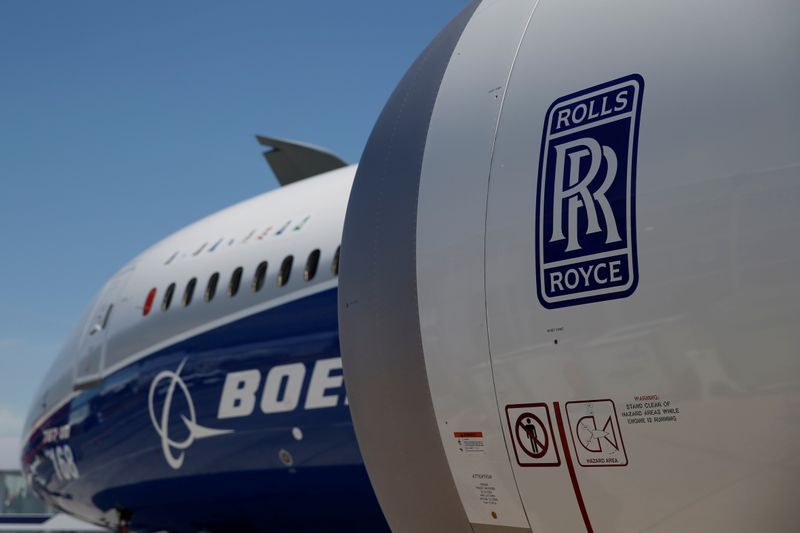 A Rolls Royce jet engine is seen on Boeing 787-10