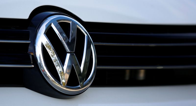 The logo of German car maker Volkswagen is seen on