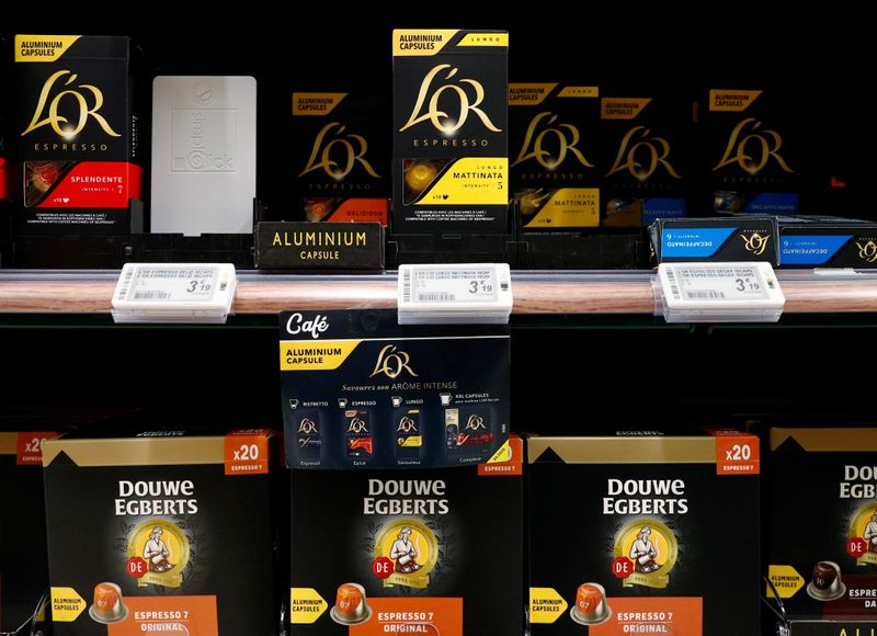FILE PHOTO: L’or and Douwe Egberts coffee packets are seen