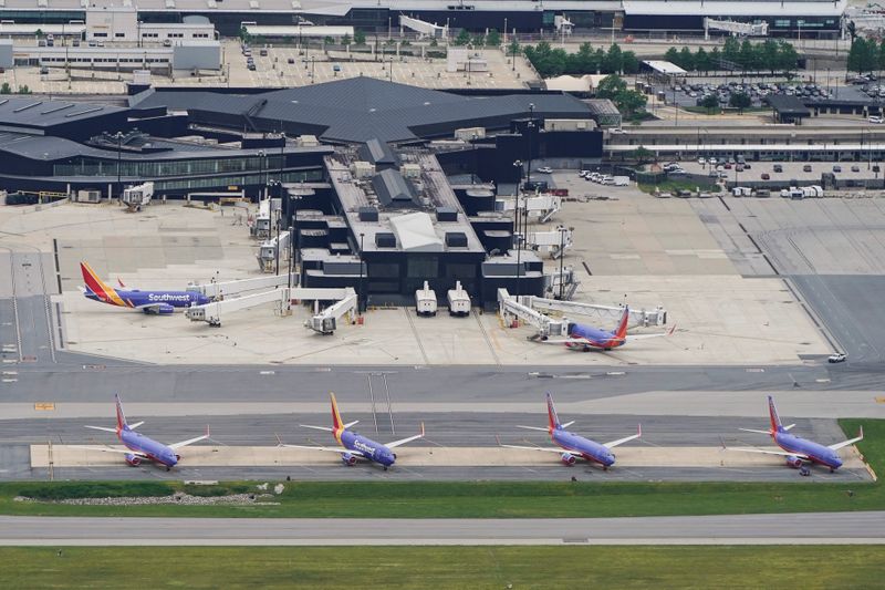 Southwest Airlines jets are parked at Baltimore Washington International Airport