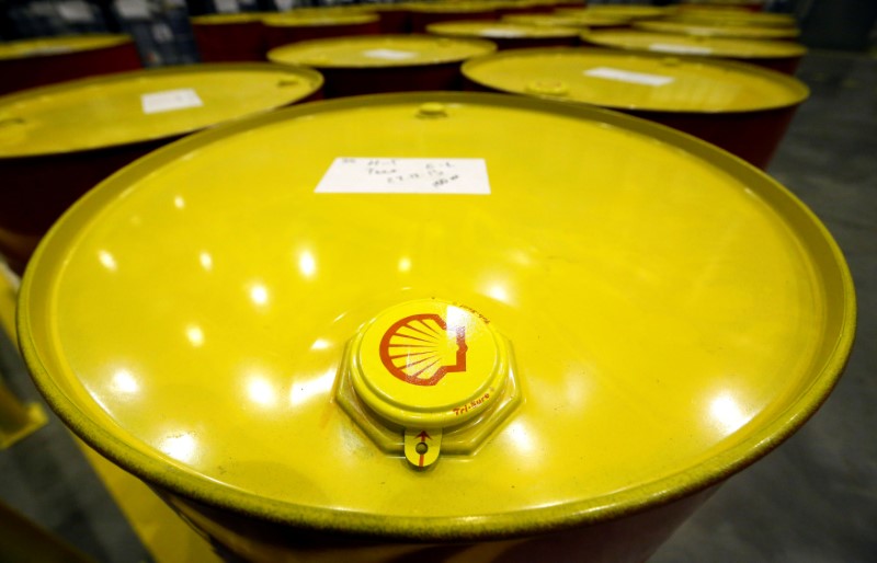 Filled oil drums are seen at Royal Dutch Shell Plc’s