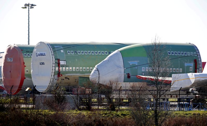 FILE PHOTO: Sections of Airbus A380 are seen outside the