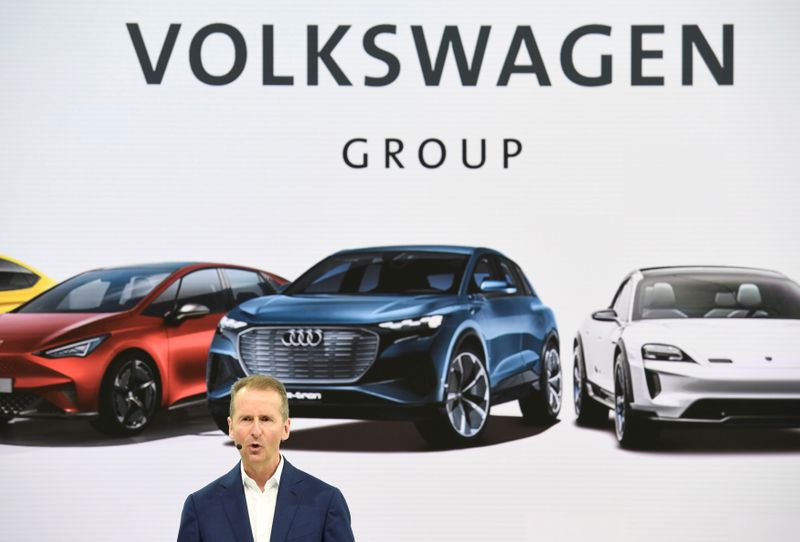 FILE PHOTO: Herbert Diess, CEO of German carmaker Volkswagen addresses