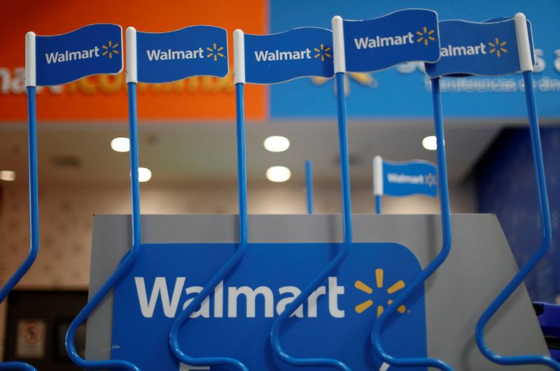 Walmart signs are displayed inside a Walmart store in Mexico