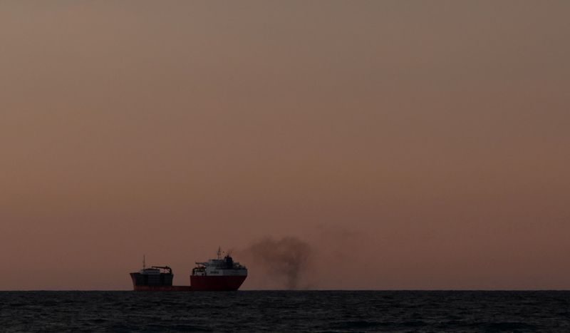 FILE PHOTO: Smoke is blown from a cargo ship off