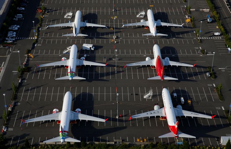Boeing 737 Max aircraft are parked in a parking lot