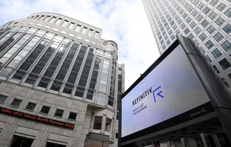 FILE PHOTO: The Refinitiv logo is seen on a large