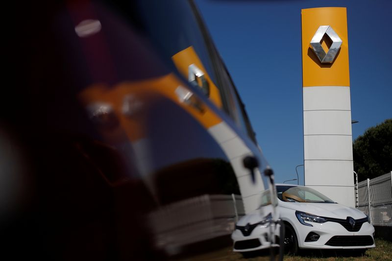 A logo of Renault carmaker is pictured at a dealership