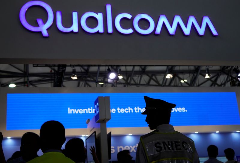 A Qualcomm sign is pictured at Mobile World Congress (MWC)