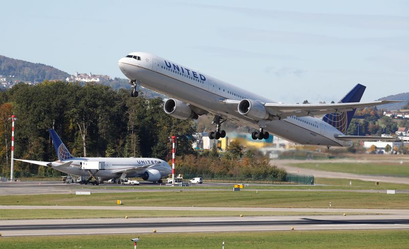 An United Airlines Boeing 767-400 aircraft takes off from Zurich