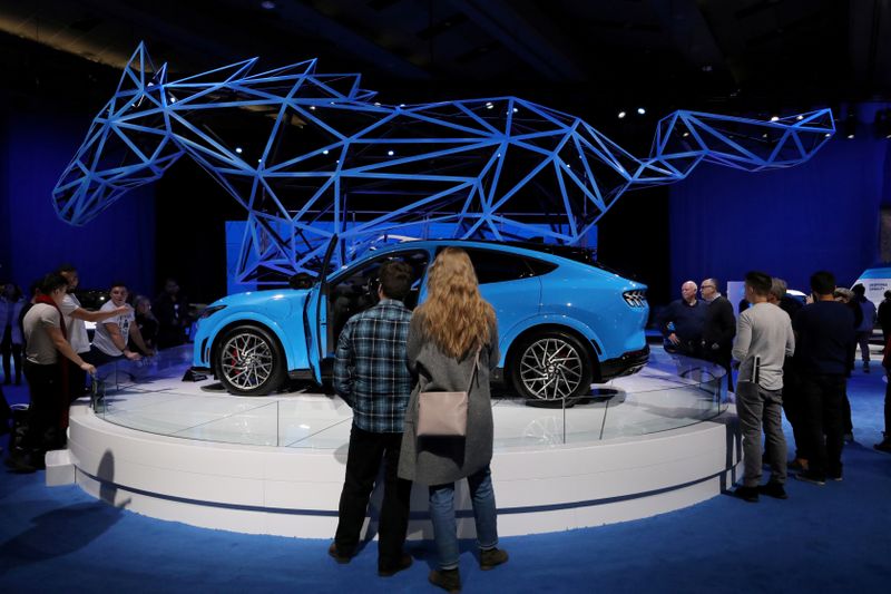 FILE PHOTO: A 2021 Ford Mustang Mach-E SUV is displayed