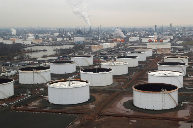 General view of oil tanks and the Bayway Refinery of