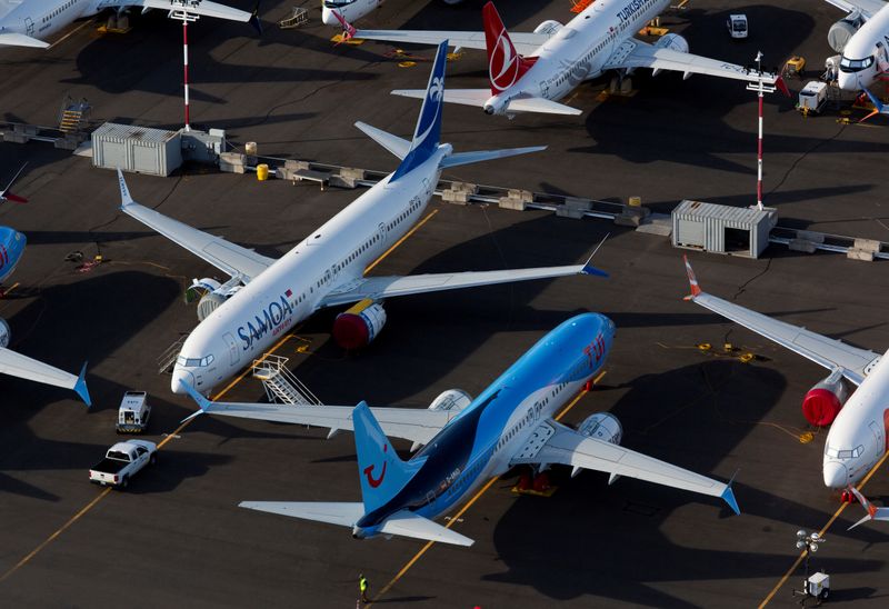 Boeing 737 Max aircraft are parked in a parking lot