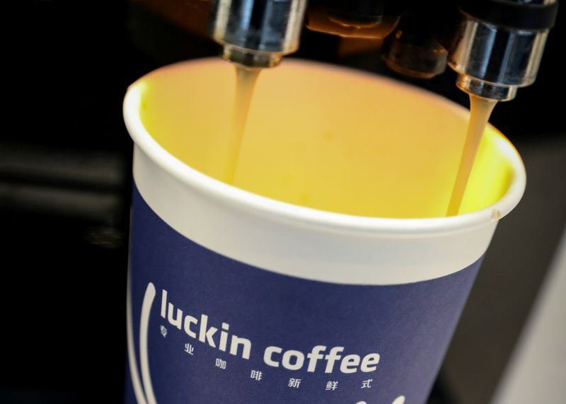 FILE PHOTO: A cup of ‘Luckin Coffee,’ coffee is poured