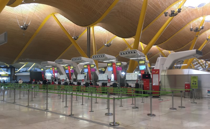 FILE PHOTO:  Empty Iberia check-in counters are seen at