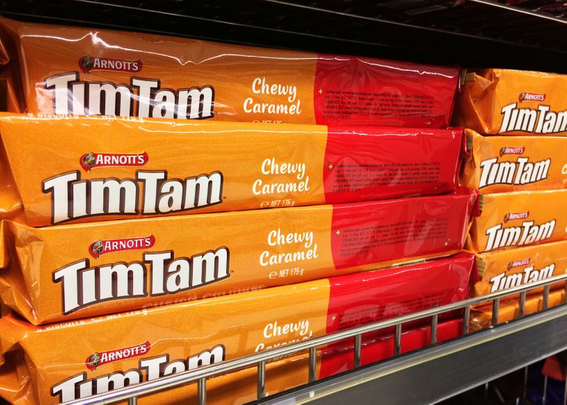 Arnott’s Tim-Tam biscuits are pictured on a supermarket shelf in