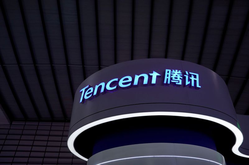 FILE PHOTO: A Tencent sign is seen at the World