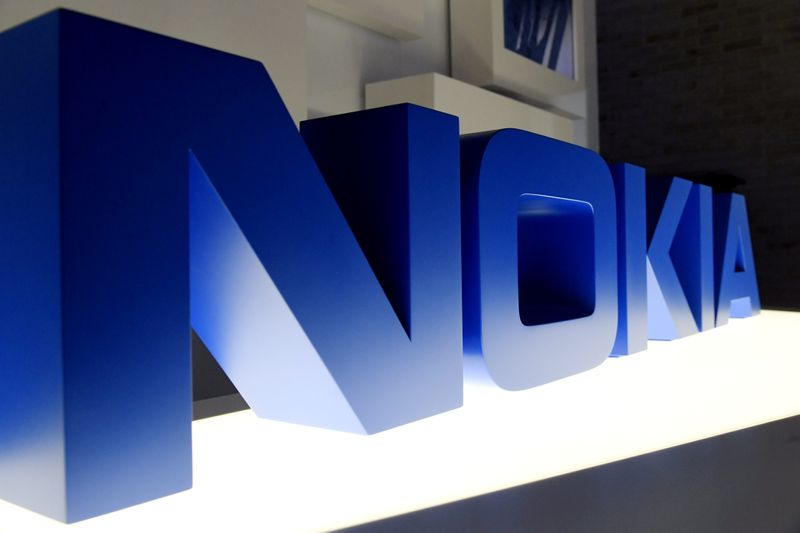 The logo of Nokia is seen before the company’s news