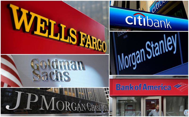 A combination file photo shows Wells Fargo, Citigbank, Morgan Stanley,