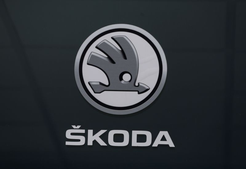 The logo of Skoda carmaker is seen at the entrance