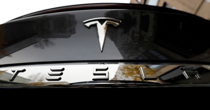 FILE PHOTO: The company logo is pictured on a Tesla
