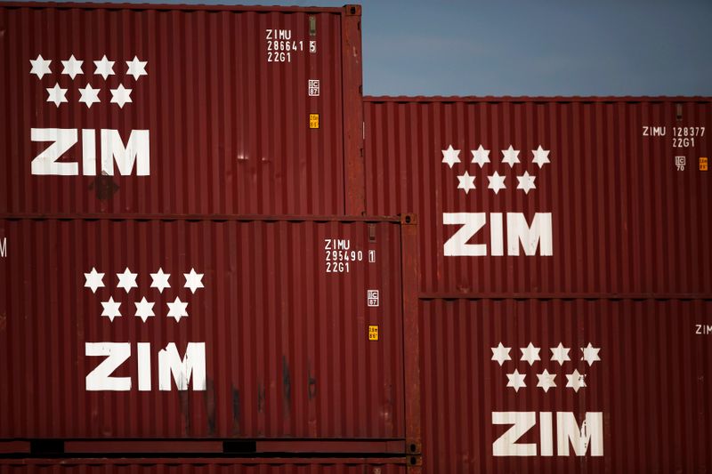 Zim containers are stacked just outside Israel’s port of Ashdod