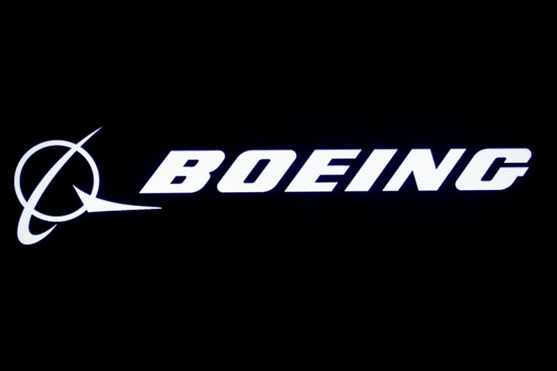 FILE PHOTO: The Boeing logo is displayed on a screen,