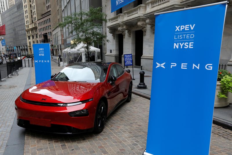 An XPeng Inc. P7 performance electric car outside the New