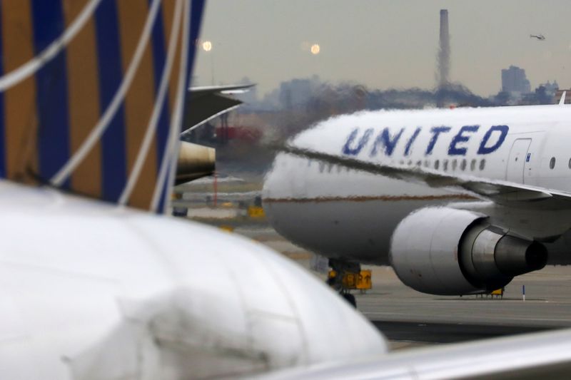 A United Airlines passenger jet taxis at Newark Liberty International