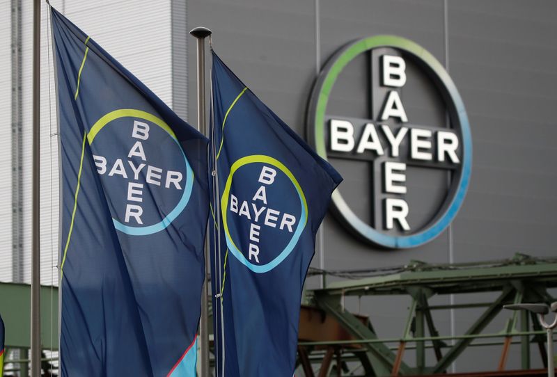FILE PHOTO: Logo and flags of Bayer AG are pictured