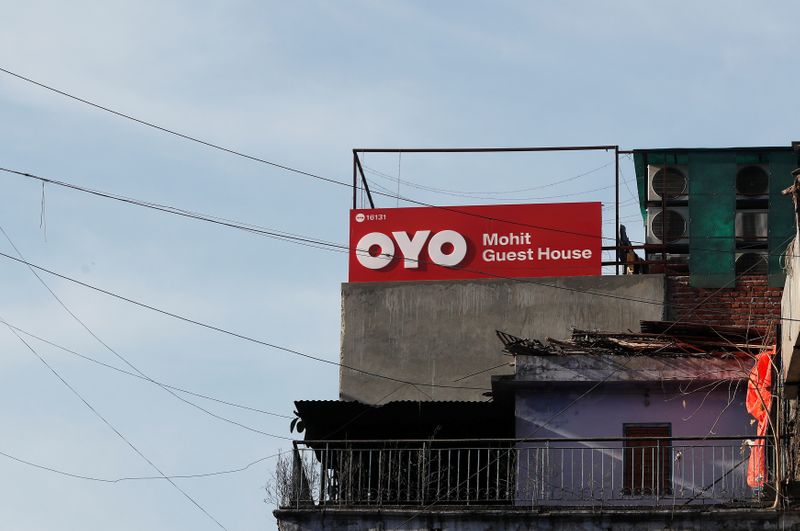 The logo of OYO, India’s largest and fastest-growing hotel chain,