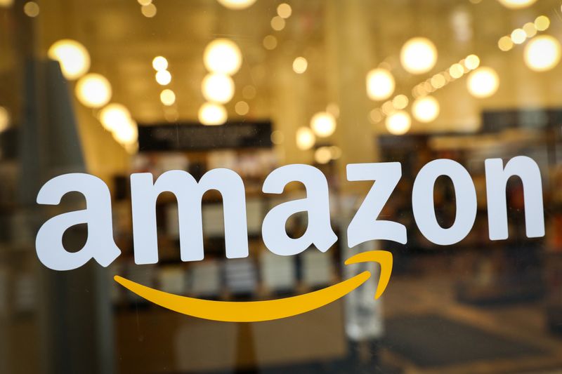 The logo of Amazon is seen on the door of