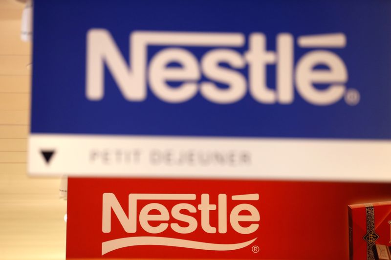 Nestle logos are pictured in the supermarket of Nestle headquarters