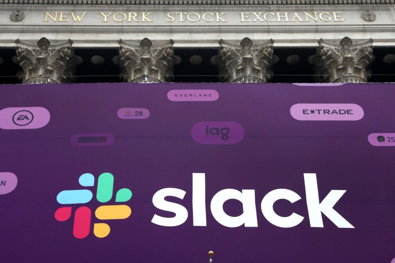 The Slack Technologies Inc. logo is seen on a banner