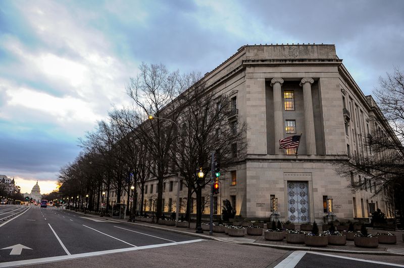 The U.S. Department of Justice building is bathed in morning