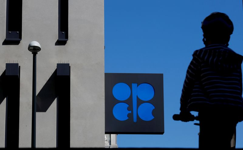 FILE PHOTO: A person passes the OPEC logo in front