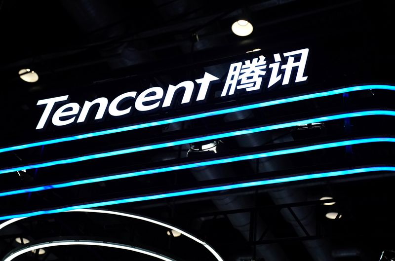 Logo of Tencent is seen at its booth at the