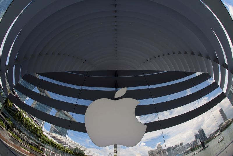 FILE PHOTO: A logo of Apple is seen outside at