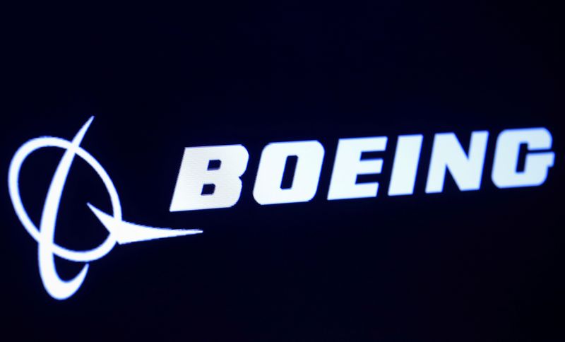 FILE PHOTO: The company logo for Boeing is displayed on