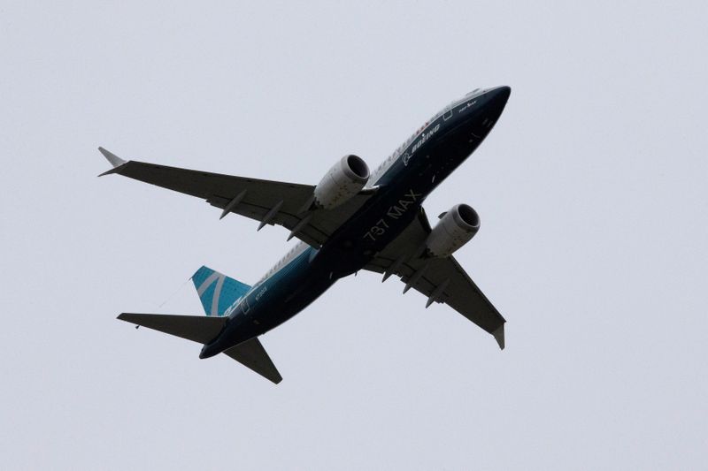 A Boeing 737 MAX airplane takes off on a test