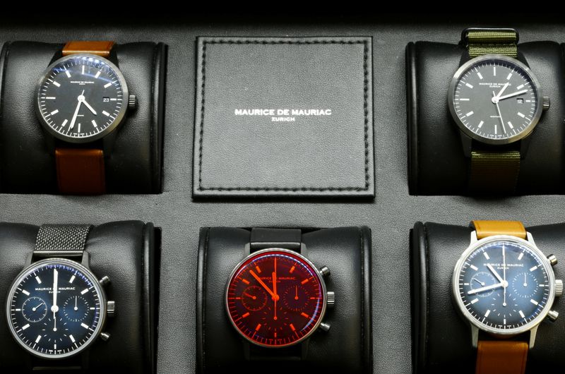 Watches of Swiss manufacturer Maurice de Mauriac are displayed in