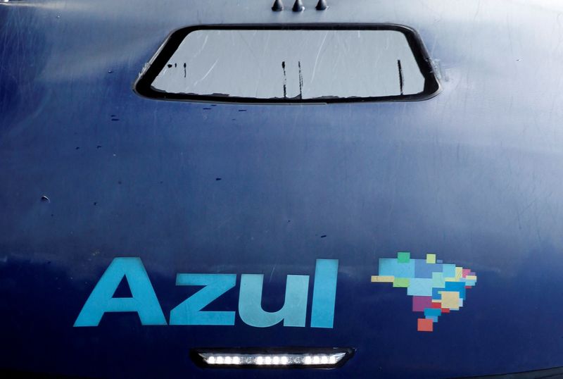 The logo of Brazil’s airline Azul is seen on the