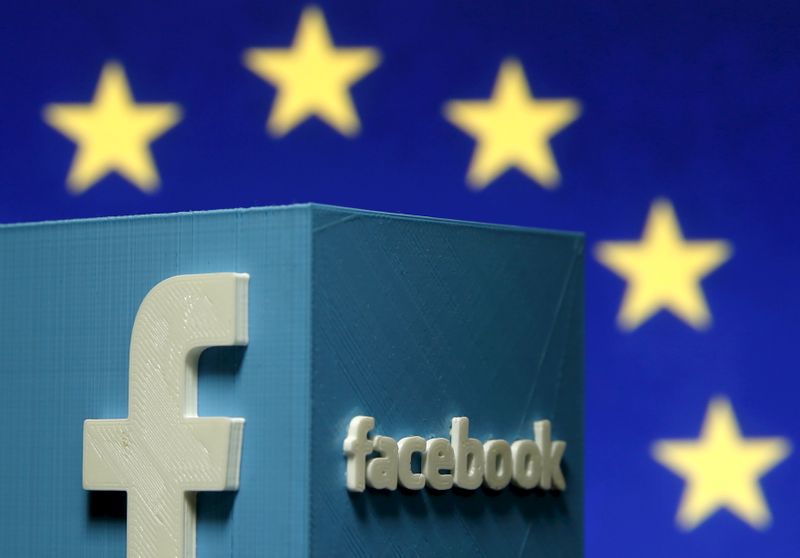 Picture illustration of 3D-printed Facebook logo in front of EU
