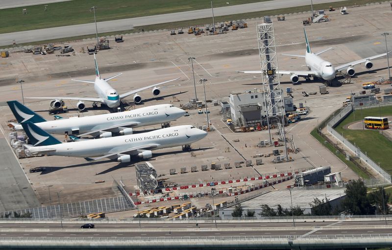 Cathay Pacific Airways planes are seen at the Hong Kong