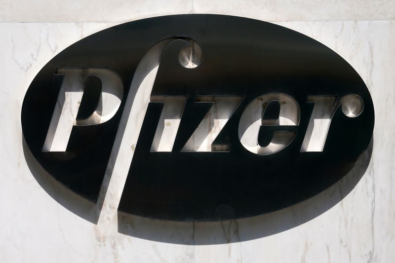 FILE PHOTO: A sign is pictured outside Pfizer Headquarters in