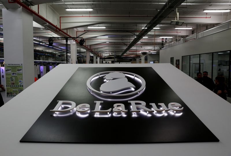 The corporate logo of De La Rue is seen at