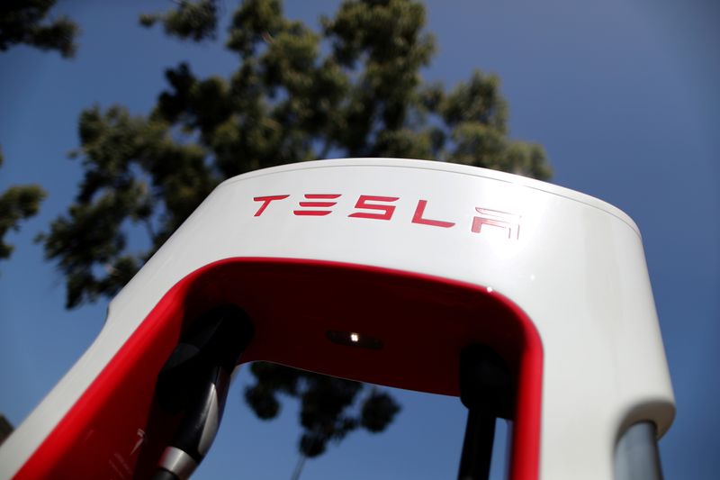 FILE PHOTO: A Tesla SuperCharger station is seen in Los