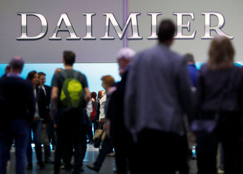 The Daimler logo is seen before the Daimler annual shareholder
