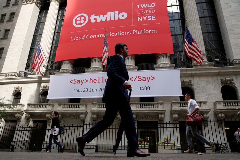 A banner for communications software provider Twilio Inc., hangs on