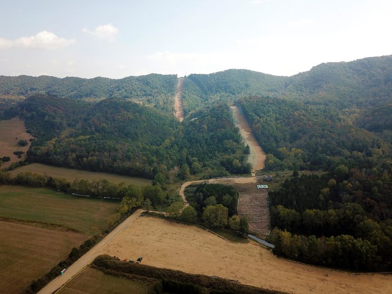 An aerial view of the under-construction Mountain Valley Pipeline near